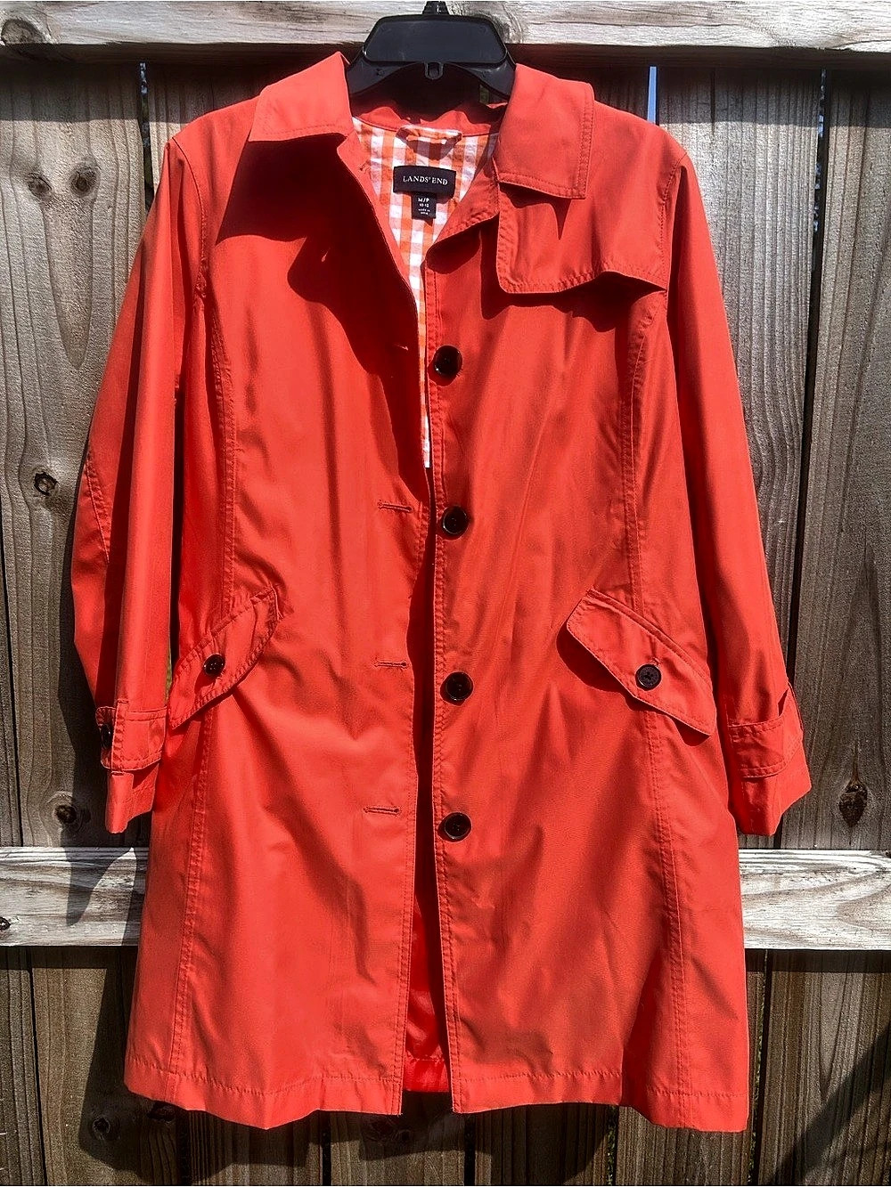 Lands' End Gingham Hooded Trench Raincoat Orange Medium